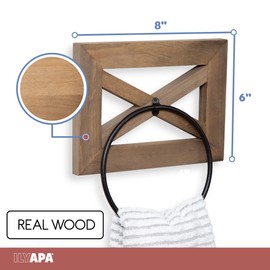 Ilyapa Rustic Hand Towel Ring for Bathroom- Wall Mounted Bathroom Hand Towel Holder - Barnwood & Black Metal Ring, Farmhouse Decor