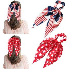 4th Of July Hair Scrunchies Rubber Bands Hair Bands For Women 2Pcs Red White Blue Red-Star American Flag Big Bows Oversized Long Tail Design Patriotic Independence Day Memorial Day Accessories