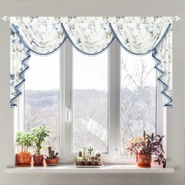 Leeva Extra Wide Sheer Valance Curtains, Butterflies Print Waterfall Swag with Decorative Bead Tassels, Breathable Light Filtering Voile Sheer for Windows Kitchen Living Room Nursery, 79" x 43"