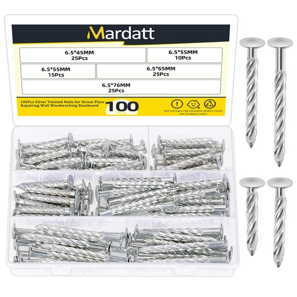 Mardatt 100Pcs Silver 6.5 x 45/55/65/76mm Fence Deck Nails, Spiral