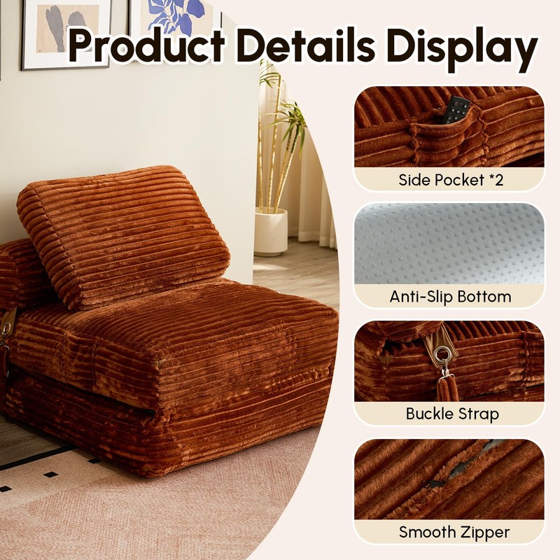 CAODOC Folding Sofa Bed Convertible Sleeper Chair with Pillow, Foldable