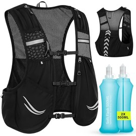 Charmofun Laufweste Damen Herren, Laufrucksack Leicht mit 2 Stück 500ml Softflasche, Verstellbarer Reflektierender Trinkrucksack Laufen für Laufen, Camping, Marathon, Radfahren, Jogging