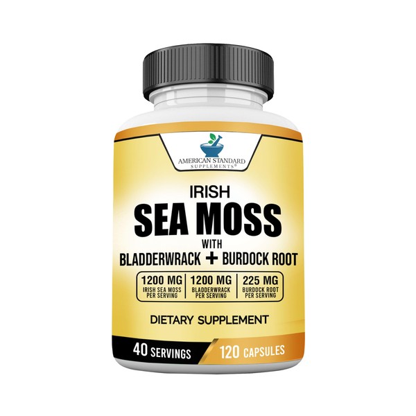 American Standard Supplements Irish Sea Moss 1200mg, Bladderwrack 1200mg and Burdock Root 225mg Per Serving - Vegan, Gluten Free, Non-GMO, 120 Capsules, 40 Servings