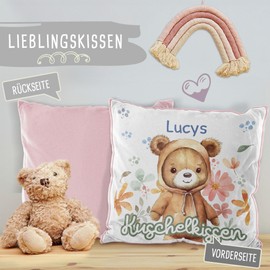 PR Print Royal Fluffy Cuddly Cushion for Children with Filling with Name Design Yourself - Bear Cushion for Girls and Boys, Children's Cushion with Name | 40 x 40 cm, Back Pink Fluffy