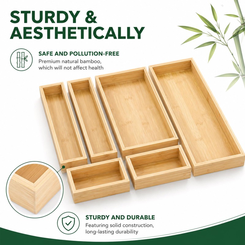 BOY MCOWBOY Bamboo Kitchen Drawer Organizer for Utensils, Set of