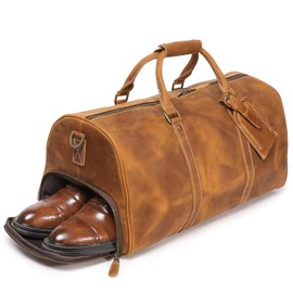 Luokir Mens Leather Weekend Bag Classic Leather Travel Duffel Bags with Shoes Compartment Sports Vintage Travel Luggage Overnight Carry On Bags (Vintage Brown, 20 Inch)