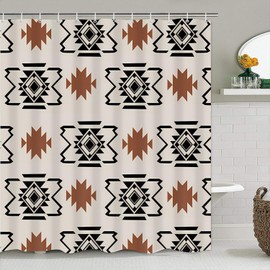 Pretyw 4-Piece Western Aztec Shower Curtain Set Geometric Vintage Bathroom Set with Shower Curtain and Rugs, Boho Abstract Pattern Bath Curtain with Hooks for Home Decor