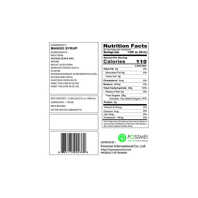 Possmei Flavored Syrup, Mango, 5.5 Pound
