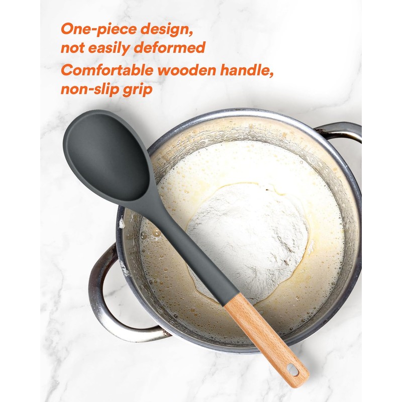 Large Silicone Cooking Spoons, Nonstick Solid Wooden Handle Spoon, Heat