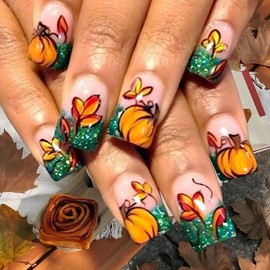 Thanksgiving Press on Nails Short Square Fake Nails with Glitter French Tip Pumpkin Maple Leaves Designs Fall Nails Press ons for Women 24 Pcs