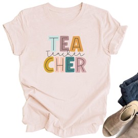 OCURHU Teacher Shirts for Women First Day of School Tshirt Teacher Life Gift Short Sleeve Letter Printed Tee Tops Light Pink-1 M