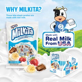 Milkita The Real Milk Candy Lollipop Bag – Low-Sugar, Healthy Sweets with Real Milk for Kids & Adults – Fat Free & Gluten Free Candy with Calcium (Strawberry, Chocolate, Banana - 10 Pcs)