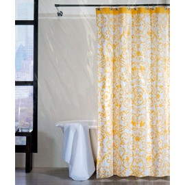 Tahari Fabric Shower Curtain Floral Scroll Yellow on White