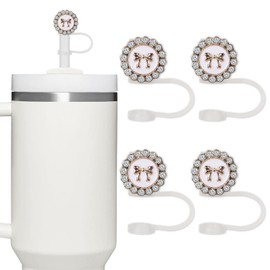 JarThenaAMCS 4Pcs Shiny Bow Straw Covers White Rhinestone Reusable Straw Topper 0.4 Inch Straw Tip Covers for 30 & 40 OZ Tumbler with Handle