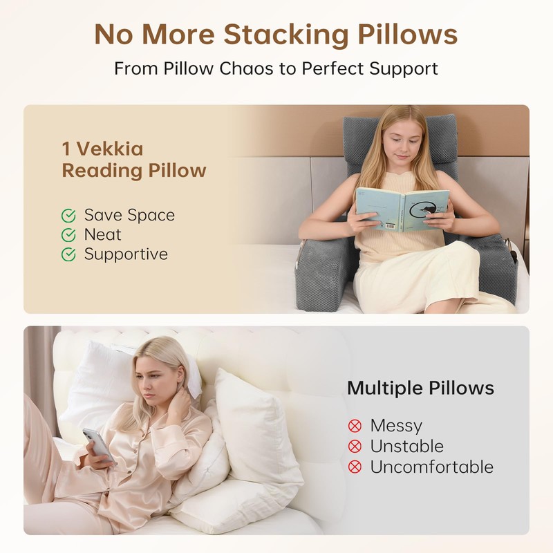 Vekkia 19'' Reading Pillow for Adults with XL Side Pockets