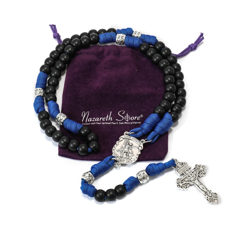 Nazareth Store Black Beads Blue Paracord Rosary Rugged Beaded Necklace