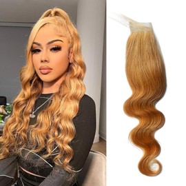 2x6 Honey Blonde Lace Closure 100% Human Hair Body Wave 150% Density Deep Parting KIM K #27 Color Lace Closure Middle Part Pre-Plucked 10 Inch
