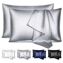 Canadian Linen Luxury Satin Silk Pillow Cases, 2 Pack, Queen, Super Soft & Smooth Silky Pillowcase for Hair and Skin, Breathable Cooling Pillow Protector, Pillow Cover for Home Bedding, Silver Grey
