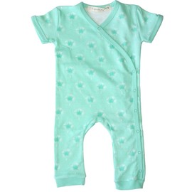 Organic Cotton Summer Short Sleeve Crossover Sleepsuit - Dandelions in Mint, 6-12 MTHS