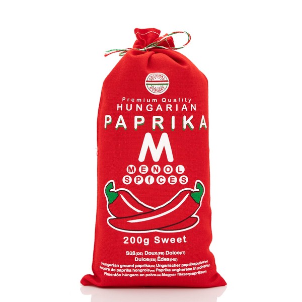 Menol Spices Authentic Hungarian Noble Sweet Pepper Powder (Sweet 200 g) Top Quality for Gourmets, Made in the Area of Szeged, Hungary, Bright Pepper Red