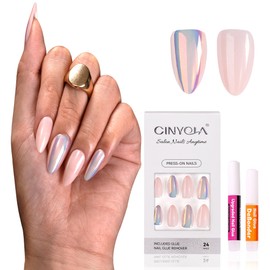 CINYOLA Press on Nails Almond, Medium Stick on Fake Nails Kit for Women, Artificial Glaze Glossy Acrylic Nails, 24 Pcs Reusable Color Plating Glue on False Nails