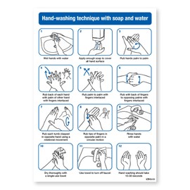 Hand washing technology with soap and water, NHS recommended, toilet and washroom hygiene safety signs