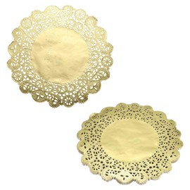 sourcing map 100pcs Lace Paper Doilies 10.5 Inch Gold Round Disposable Decorative Paper Placemats Hollow Flower Absorbing Papers for Cakes Desserts Food Decoration Wedding Birthday