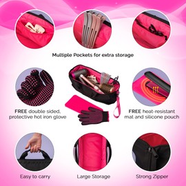 Hair Tool Travel Bag with Heat Resistant Mat for Flat Iron, Straighteners, Curling Iron, Makeup, Toiletries & Haircare Accessories, Portable Hot Tools Organizer with Silicone Mat & Glove