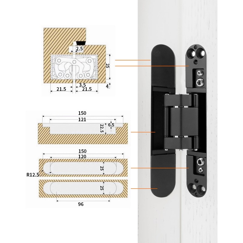 QWORK Adjustable Hidden Door Hinges (2-Pack), 6" Zinc Alloy Swing