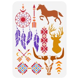 FINGERINSPIRE Southwestern Painting Stencil 8.3x11.7 inch Large Southwest Motif Drawing Template Reusable Horse Deer Bull Arrows Stencil for Painting Animal Theme Template for Home Furniture Decor