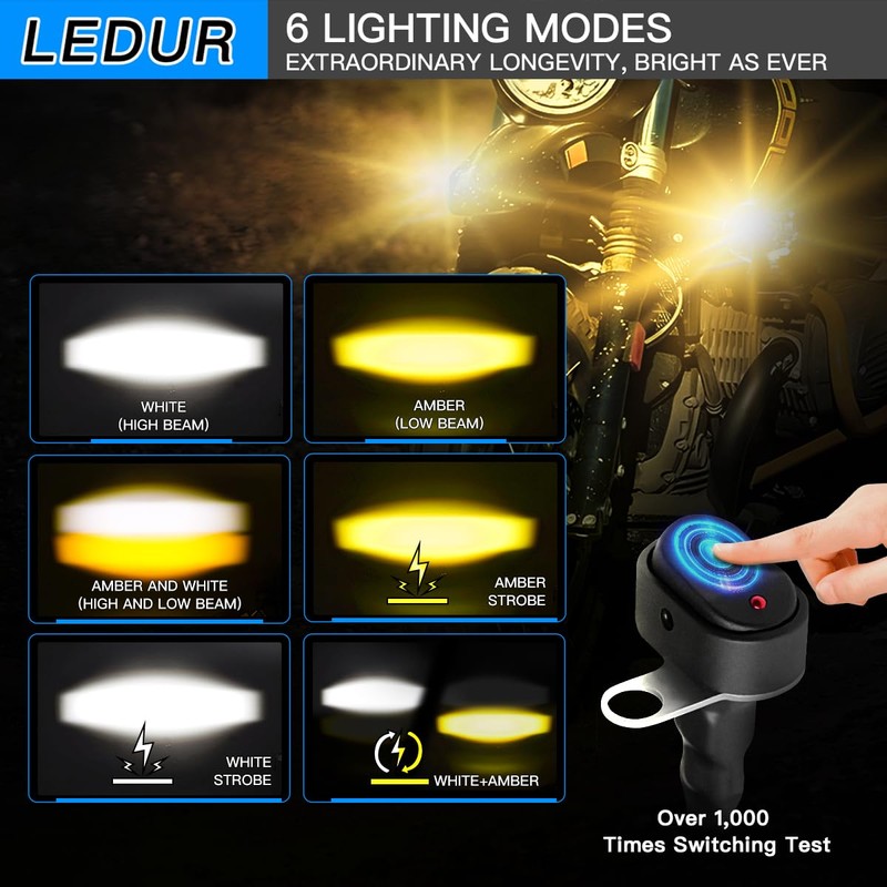 LEDUR Motorcycle Auxiliary Lights Kit White Amber Strobe LED Driving