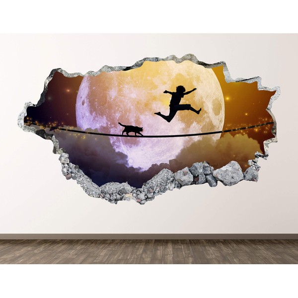 Running Boy Cat Moon Night Wall Decal Art Decor 3D