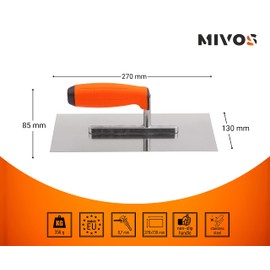 Mivos Stainless Steel Smoothing Trowel 270 x 130 mm - Rustproof Eaves with 2 Components Soft Grip - Cleaning Trowel with Blade Thickness 0.7 mm - Smoothing Board - Smoothing Disc Made in EU