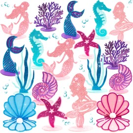 SUNBEAUTY 18 PCS Glitter Mermaid Party Decoration DIY Felt Table Centerpiece Under The Sea Baby Shower Little Mermaid Girl Birthday Party Supplies