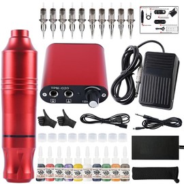 Tattoo Gun Tattoo Gun Kit Tattoo Kit for Beginners Complete Set with Power Supply Needles Ink Gloves Foot Pedal and Accessories (Red Kit)