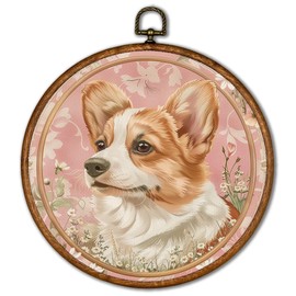 KSDUT Dog Wall Decor Art - Cute Corgi Pet Wall Art Canvas Frame Hanging Prints, Pink Flower Mid Century Modern Animals Round Wall Art Decor for Girls Room Home Decorations 10"x10"