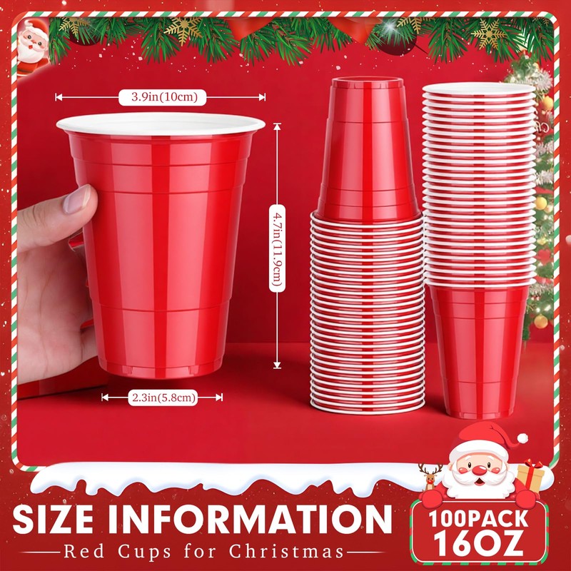 Dualshine 100 Pack Red Plastic Cups 16 oz, Disposable Cups