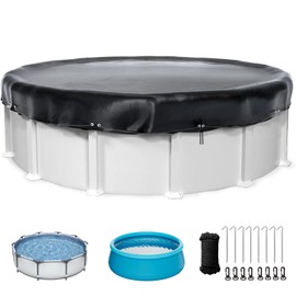 15 Ft Round Pool Cover, Solar Cover for Above Ground Pools, Waterproof Stock Tank Pool Covers Protector with Rope Tie and Ground Nails, PE Tarp Ideal for Waterproof and Dustproof (Black)
