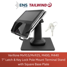 ENS Tailwind Verifone Mx915/Mx925, M400, M440 7" Latch and Key Lock Flexipole Plus Pole Mount Terminal Stand with Square Freestanding Mobility Base Plate, Black