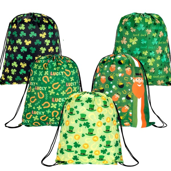 Whaline 5 Pieces St Patrick's Day Drawstring Bags, Shamrock Backpack Irish Large Goody Treat Candy Bags Bulk Wrapping Gift Bag for St Patrick's Party Favors