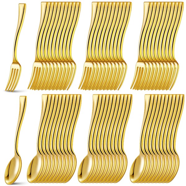 Gold Plastic Silverware Set, Disposable Cutlery Utensils with Gold Mini Forks and Gold Mini Spoons, 4 Inch Tasting Fork and Tasting Spoons for Appetizers Desserts Sampling Cocktails (240 Pcs)