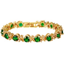 RIZILIA Blossom Tennis Bracelet [18cm/7inch] with Round Cut Gemstones CZ [Green Emerald] in 18K Yellow Gold Plated, Simple Modern Elegance