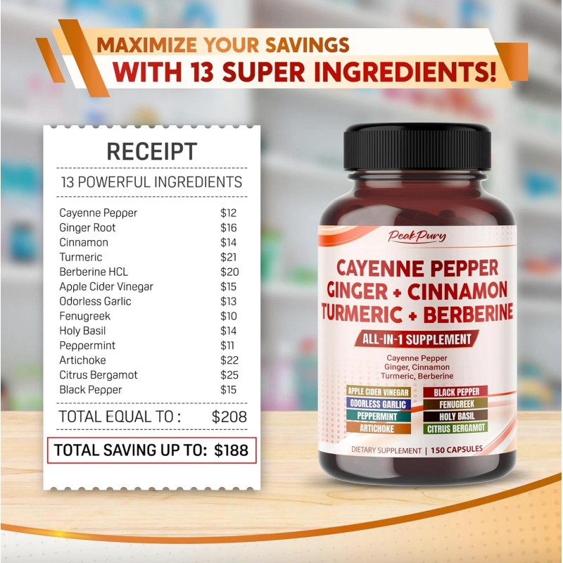 PEAK.PURY Cayenne Pepper 8000Mg Ginger 3000Mg Turmeric 2500Mg Berberine 2500Mg