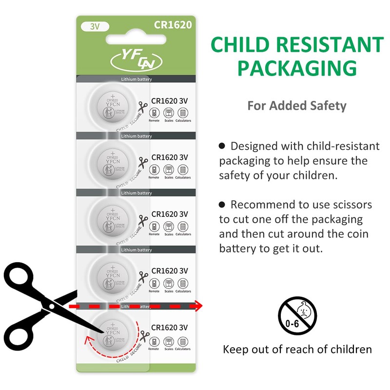 YFCN CR1620 Battery 3V Lithium Battery 5 Count Pack -