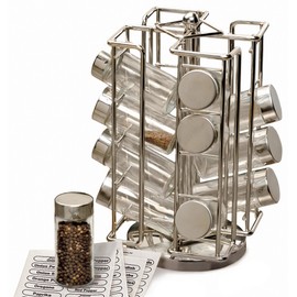 RSVP International Revolving Chrome Rack Set, Includes 16 Spice Jars | 9" x 11.5" | Keeps Salts, Peppers, Cumin, Garlic, Cinnamon, Herbs Fresh | Comes w/Labels, One Size, Multi Color
