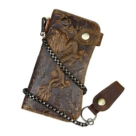 Mens Leather Long Bifold Wallet with Chain, Biker Wallet Vintage Chain Wallet with Zipper Pocket (Brown 1)
