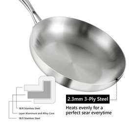 LOLYKITCH 10 Inch Tri-ply 18/8 Stainless Steel Frying Pan with Lid,Skillet,Induction Cooking Pan,Dishwasher and Oven Safe,Detachable Handle.