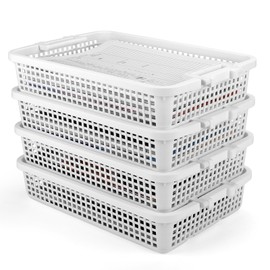OUTFANDIA 4 Pack Plastic Basket for Organizing, Stackable A4 Paper Trays with Handle, Thick Desk File Organizer for Office, Classroom, Home. Vesatile Storage Basket for Organization.