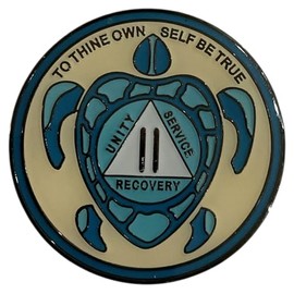 2 Year AA, Recovery Sea Turtle Medallion, Sobriety Token, Blue and Gold