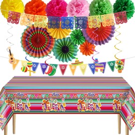 21PCS Cinco De Mayo Decorations, Fiesta Banner Paper Fans Paper Poms Disposable Tablecloth, Mexican Birthday Cinco De Mayo Party Decorations for Wall Hanging Home Decor Fiesta Party Supplies